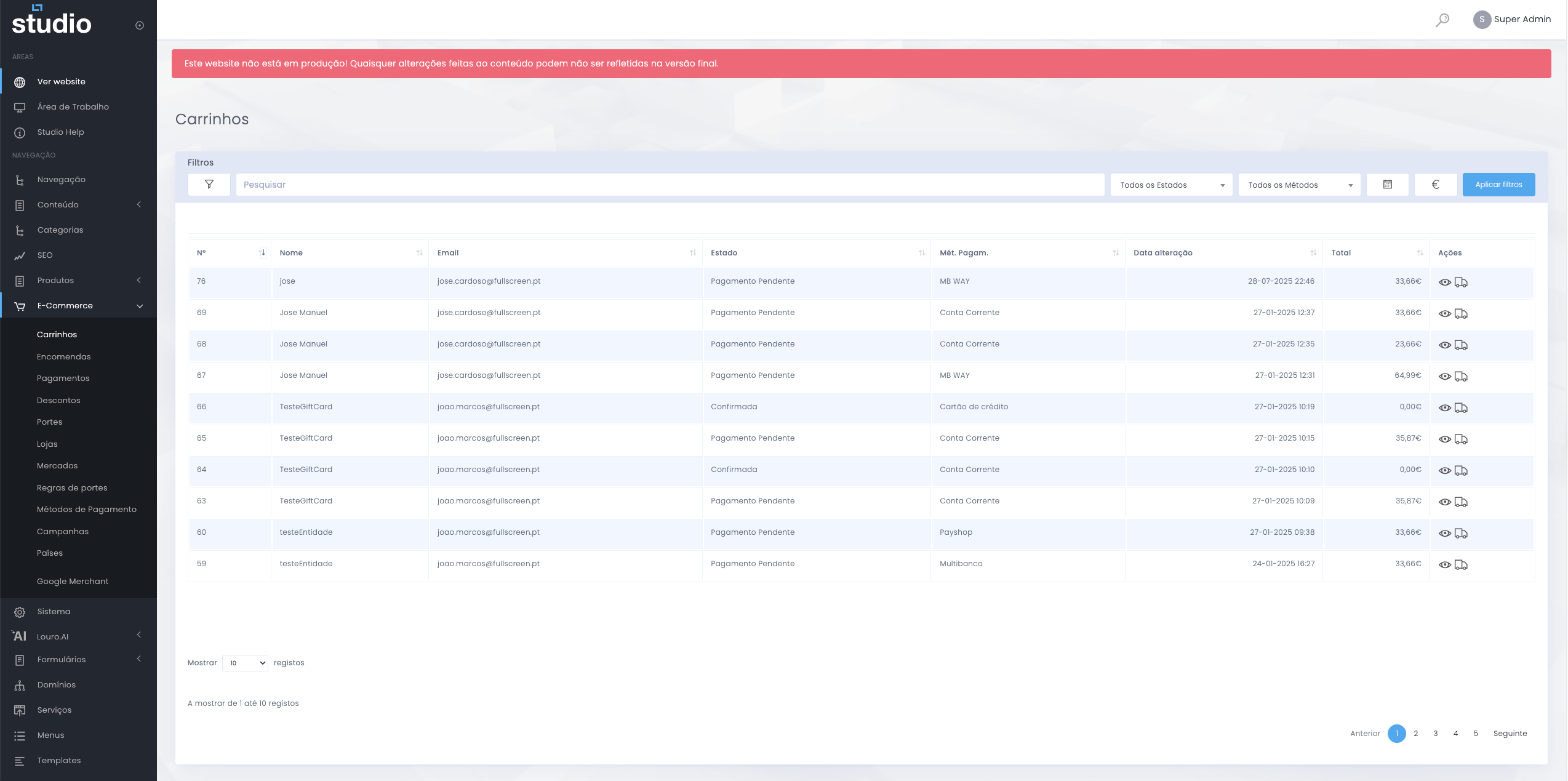 Listagem de carrinhos no E-commerce do Studio CMS
